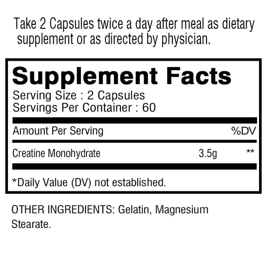 Creatine Monohydrate - Increase Strength, Build Muscle and Improve Performance, - 120 Capsules