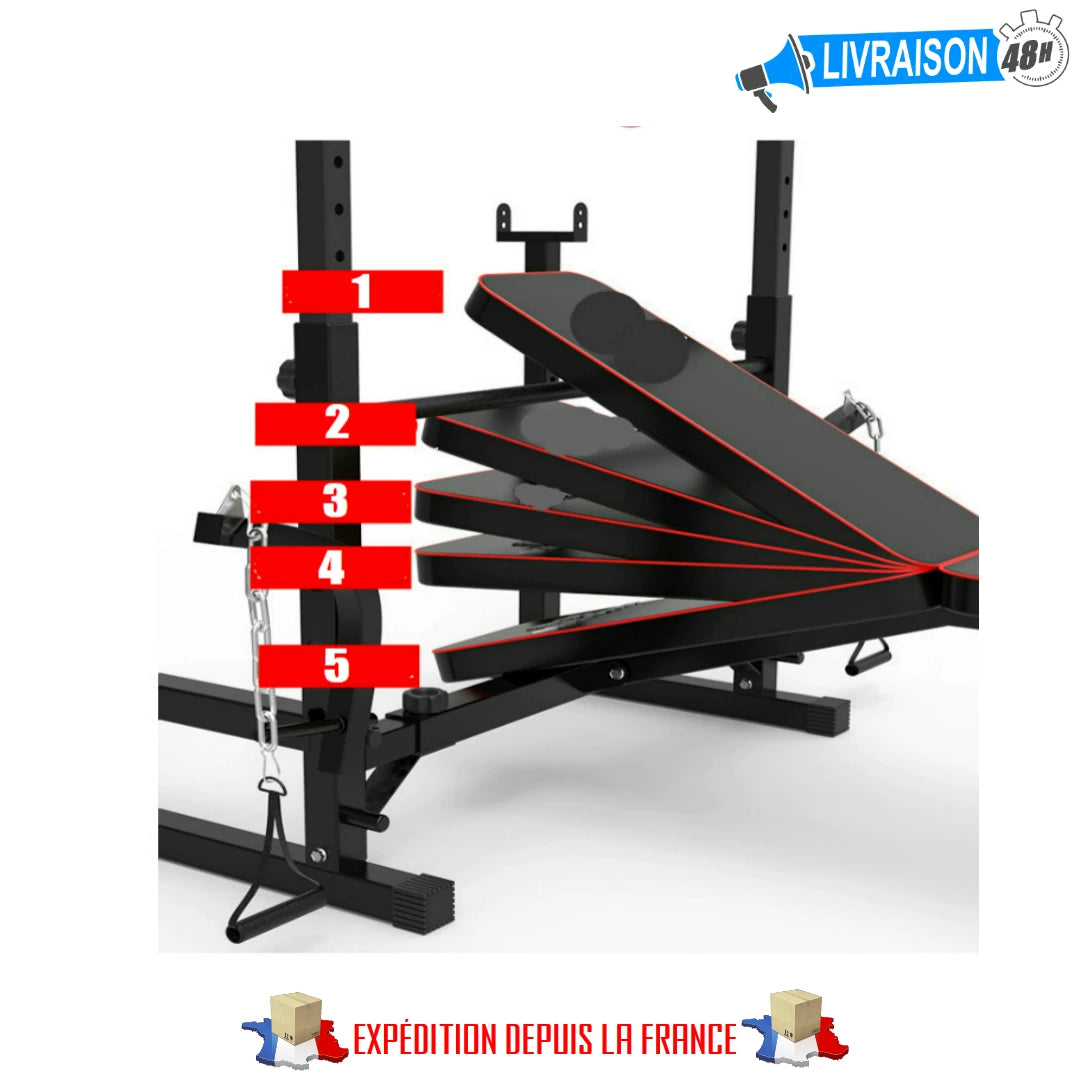 MUSCULATION BENCH, ADJUSTABLE WITH RACK SUPPORT FOR SQUAT, ABDOMINAL, PECTORAL FLY, PRESS BENCH