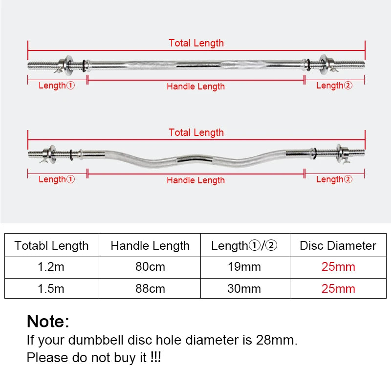 Standard Straight and Curved Dumbbell Bars 25mm, 1.2m, 1.5m