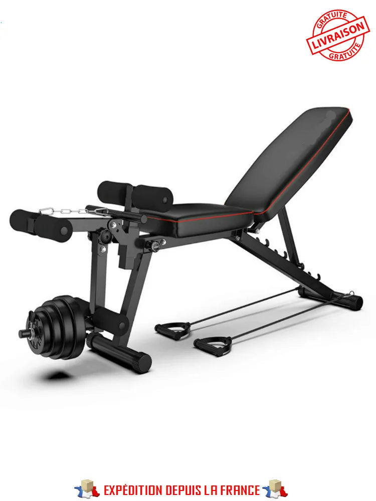 WEIGHT BENCH, RECLINING, ADJUSTABLE, WITH ELASTIC BAND, WEIGHT DISC HOLDER