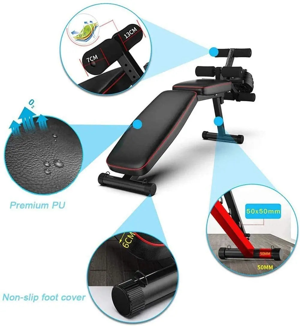 WEIGHT BENCH, RECLINING, ADJUSTABLE, WITH ELASTIC BAND, WEIGHT DISC HOLDER