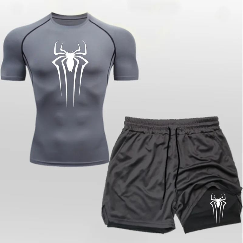 Anime Compression Shirt Men 2 in 1 Shorts Gym