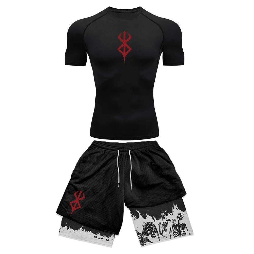 Anime 3D Printed Men's Compression Set short Sleeve Gym Top+Workout Shorts