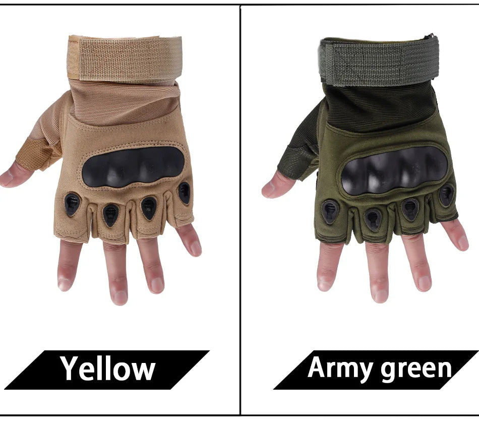 Camo-style and Yellow half-finger gloves for weightlifting and cycling