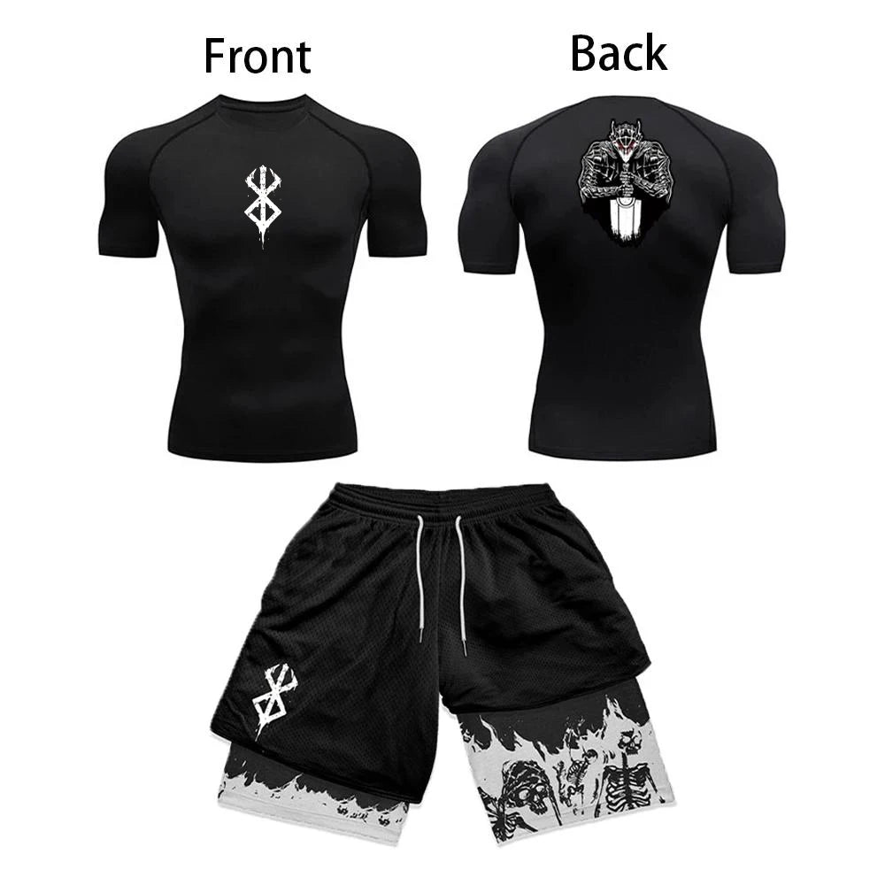 Anime 3D Printed Men's Compression Set short Sleeve Gym Top+Workout Shorts