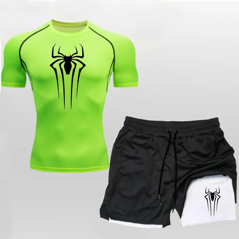 Anime Compression Shirt Men 2 in 1 Shorts Gym