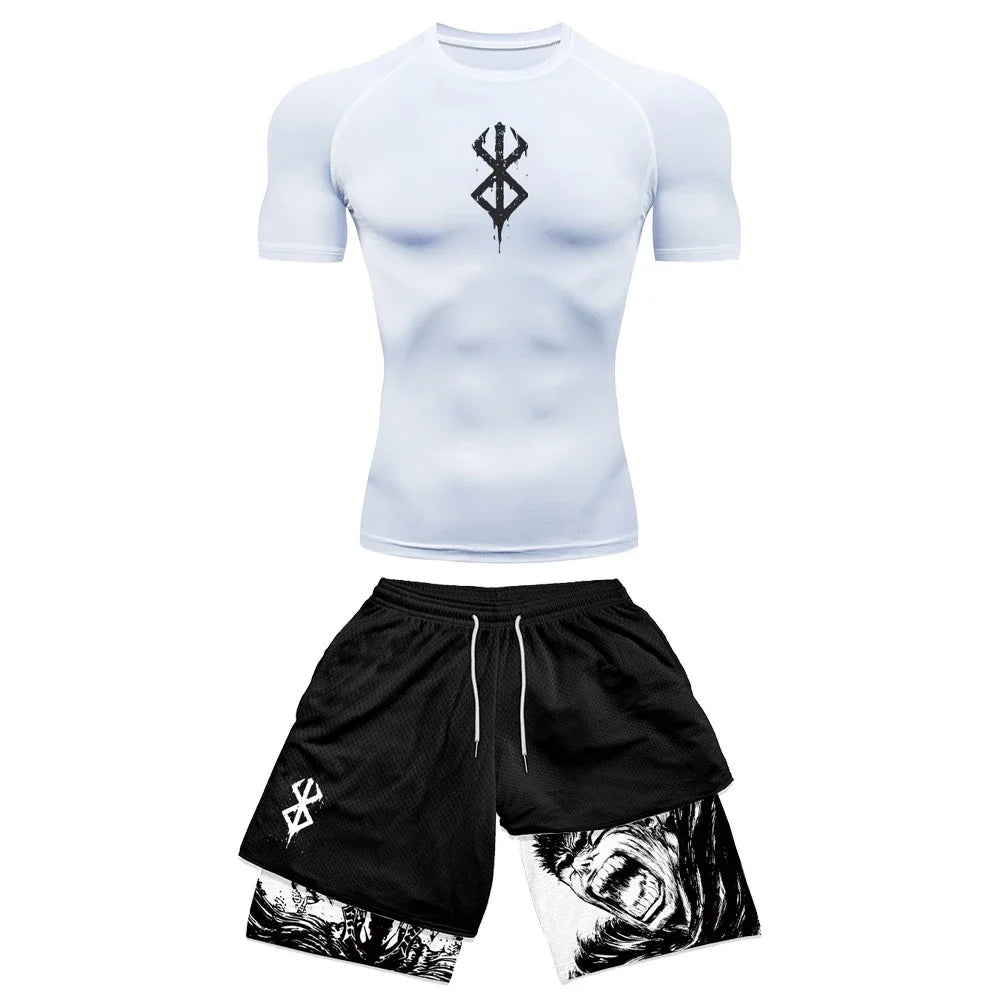 Anime 3D Printed Men's Compression Set short Sleeve Gym Top+Workout Shorts